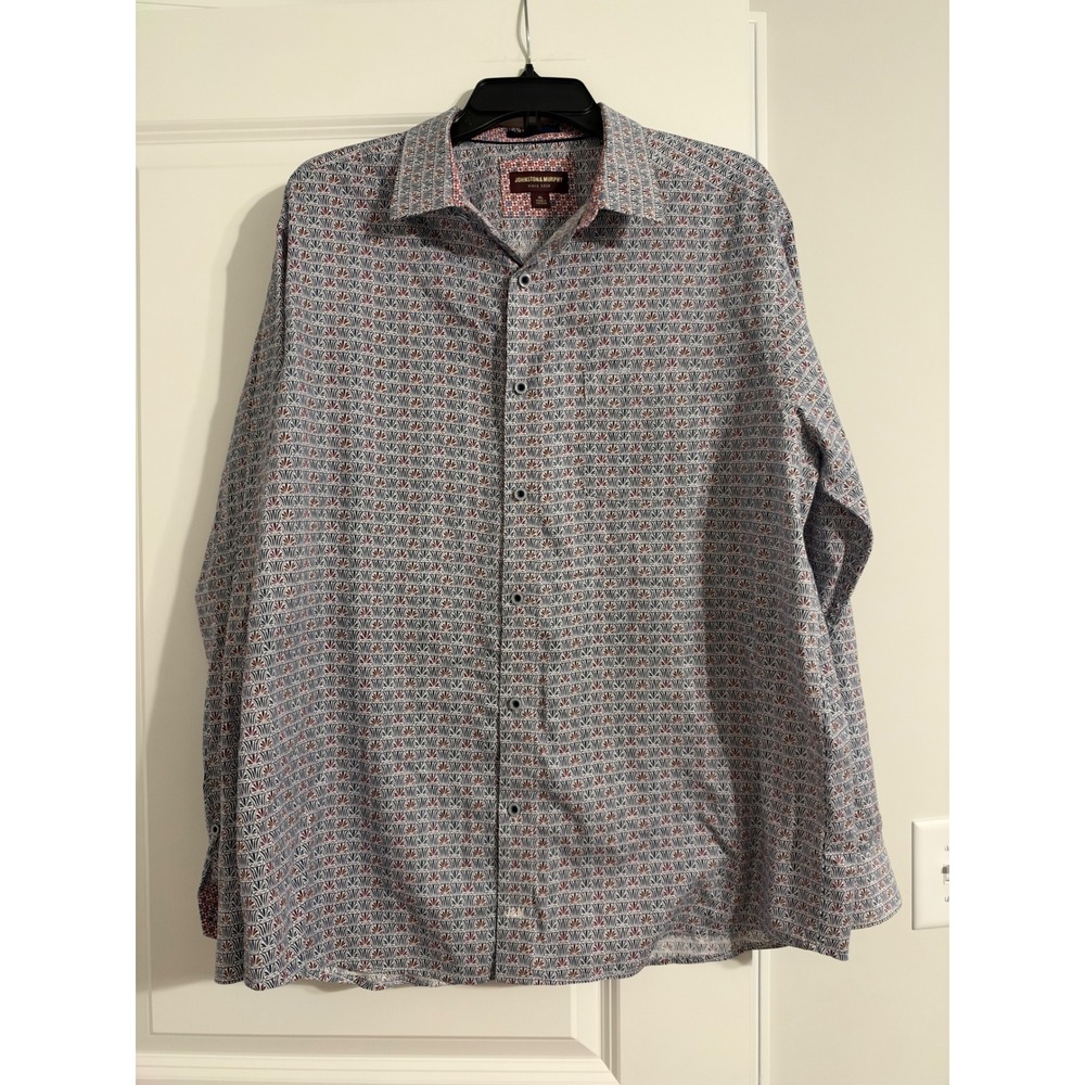 Johnston & Murphy Button Down Mens XL Blue Red Fan Print Excellent Cotton Shirt